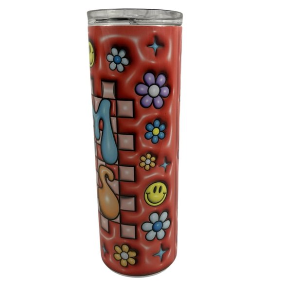 Skinny Tumbler 20oz Mom Boss Flowers Smiley Face Puffy Inflated Stainless-Steel - Picture 4 of 9